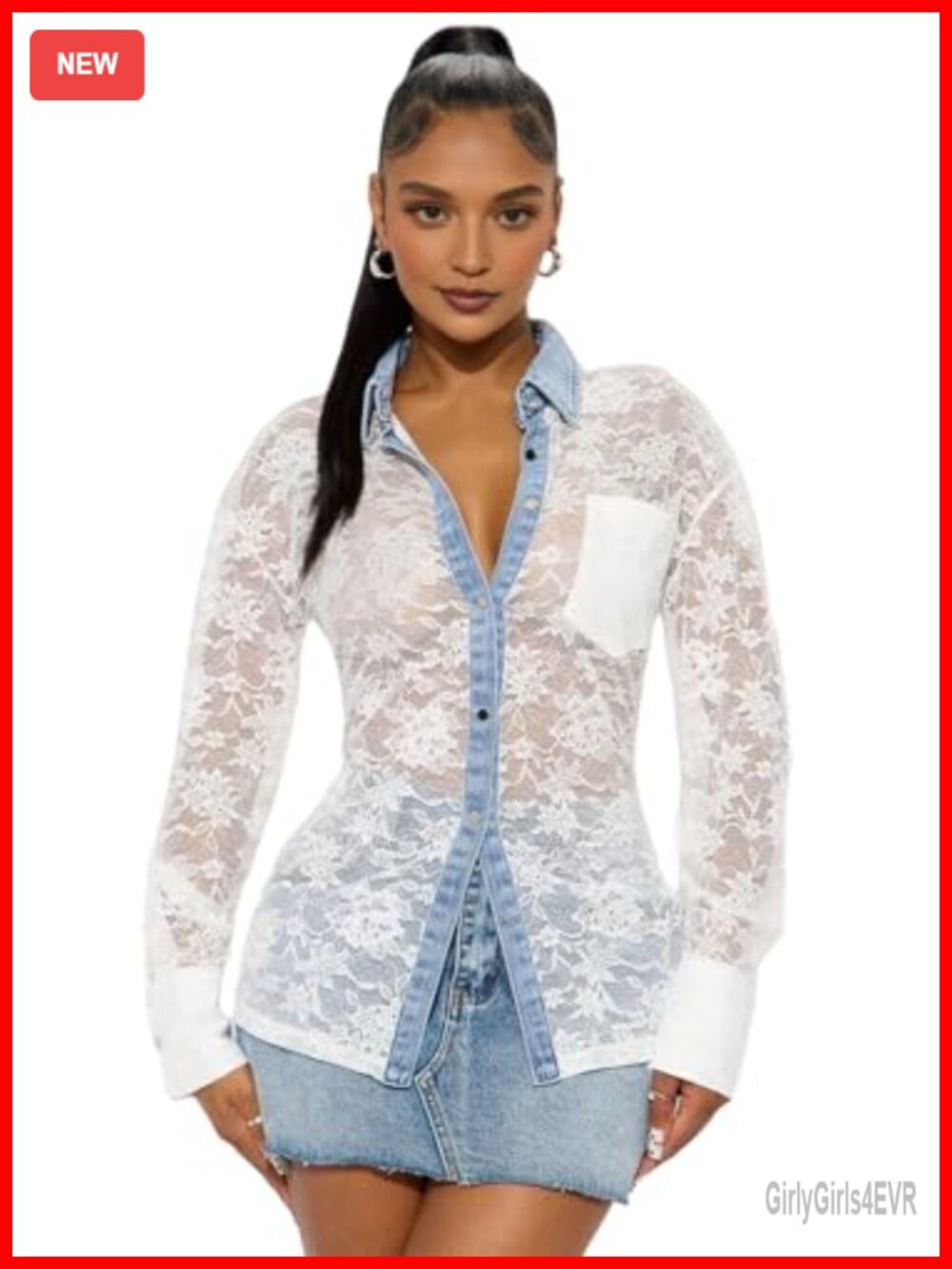 Denim Patchwork Lace Blouse Button-Down Long Sleeve Women's Top